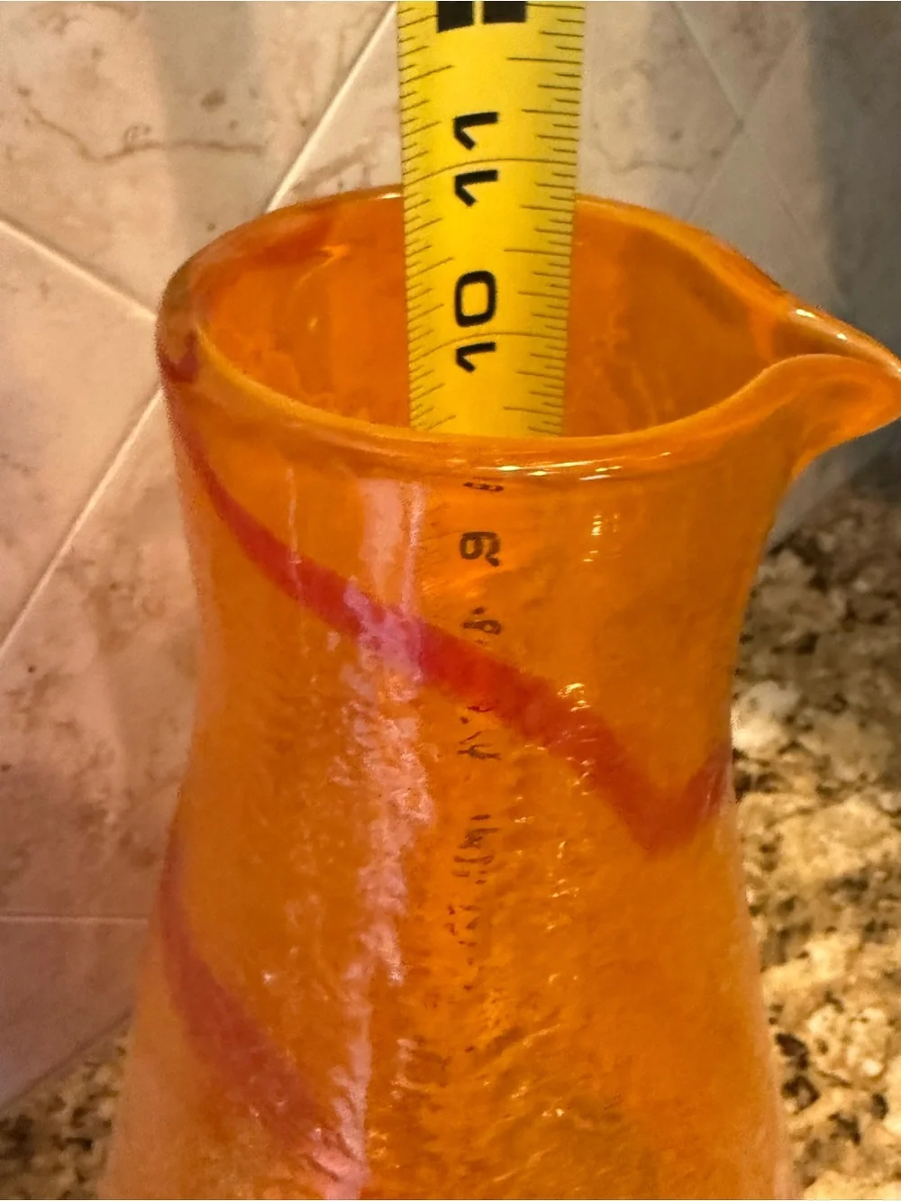 Pier 1 Imports Orange Red Swirl Mouth Blown Art Glass Canyon WATER PITCHER 11.5